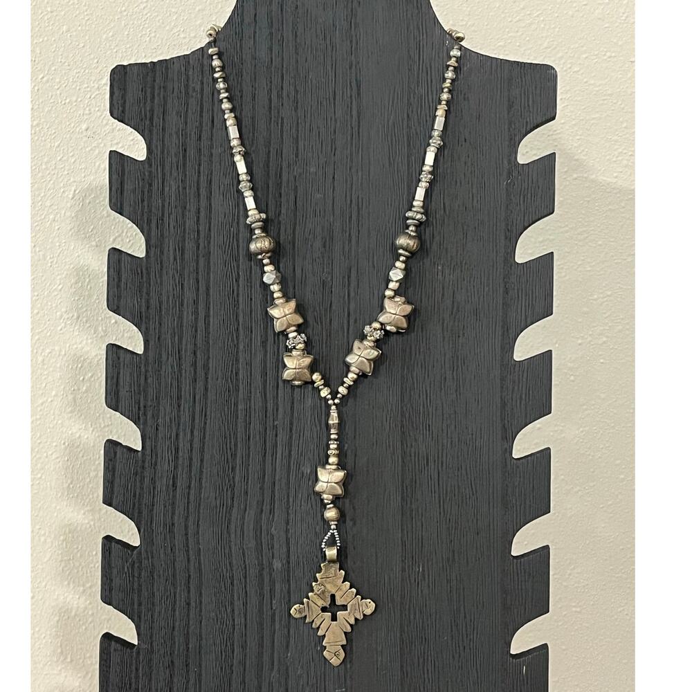 Southwestern Cross Necklace‎ Heavy Beaded Silver Tone Artisan Pendant 12”